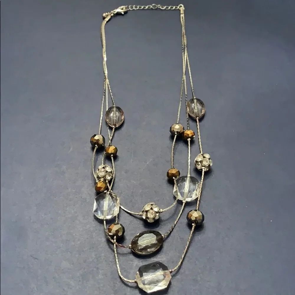Three Strand Silver, Bronze, and Crystal Necklace